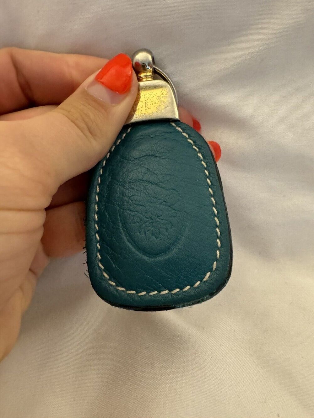 Teal Blue Italian Leather Key Chain Distressed Cool White Stitch